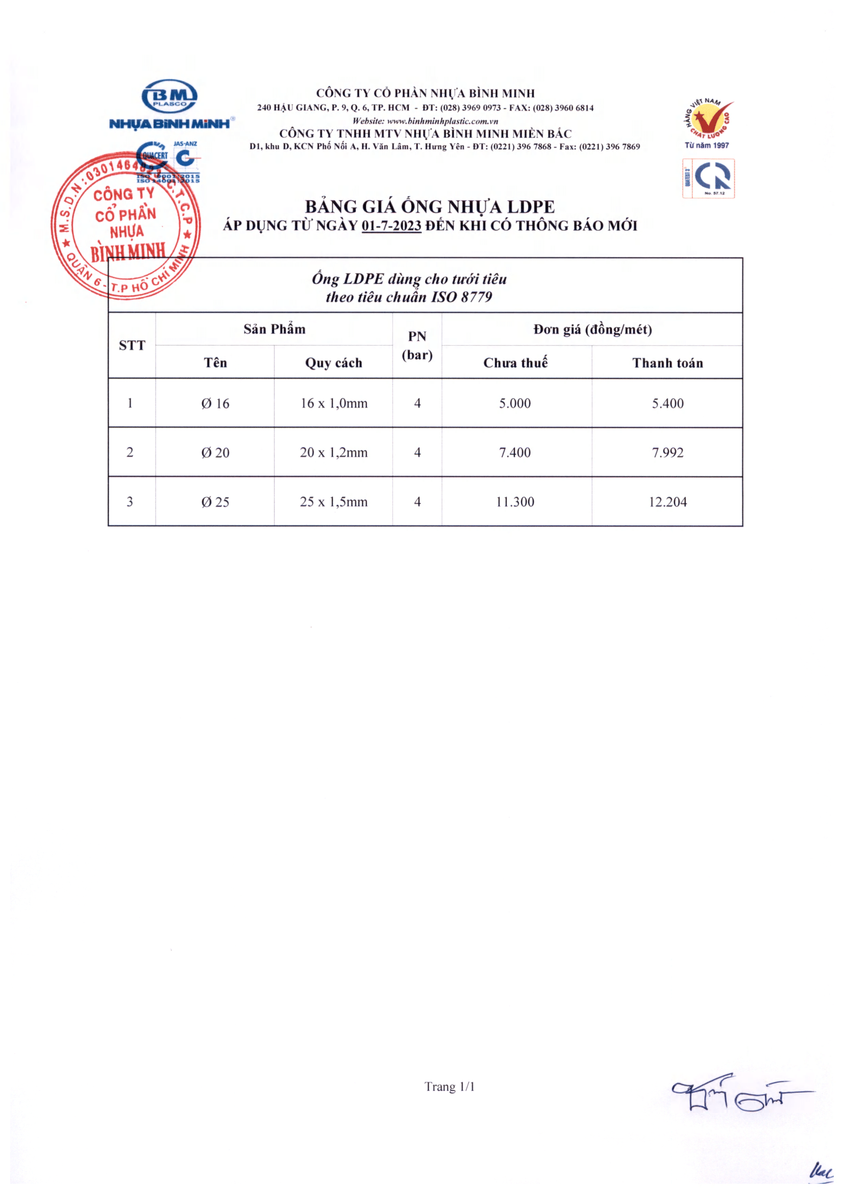 Bảng giá ống LDPE Nhựa Bình Minh