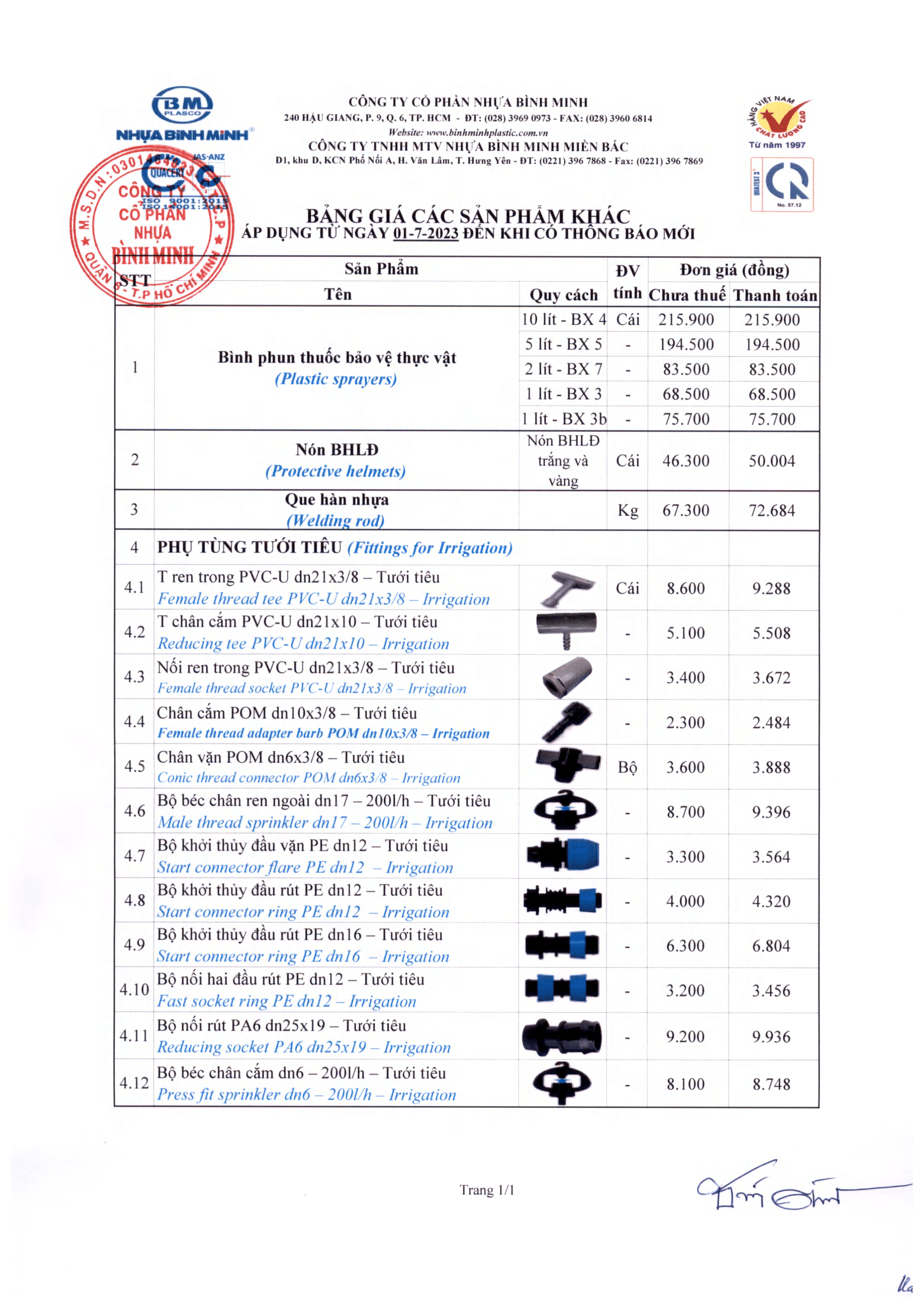Bảng giá các sản phẩm khác Nhựa Bình Minh